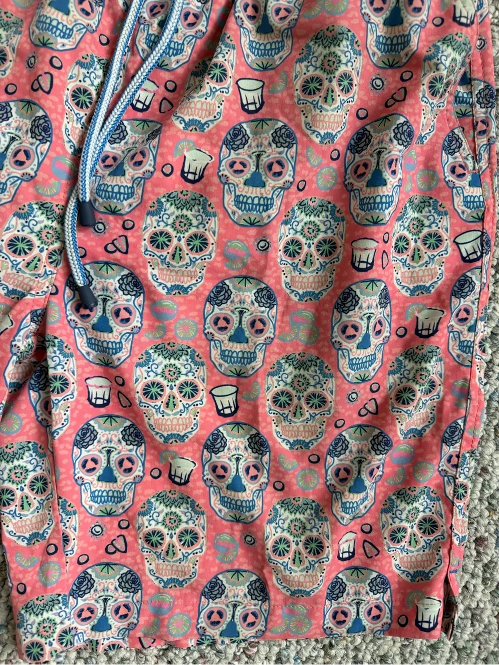 Peter Millar Coral Pink Skull-Print Swim Trunks